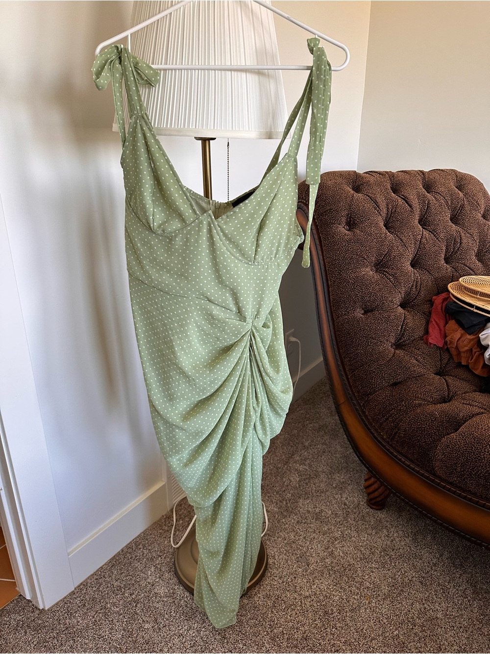 PrettyLittleThing Sage Green Polka Dot Asymmetrical Tie-Shoulder Dress